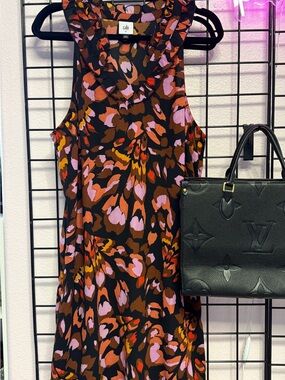 CAbi Sleeveless Midi Dress in Black with Pink & Brown Floral Print